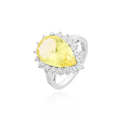 Anello Gota 10 mm con Cravação Principessa in Rodio - Yellow Fancy e Zirconia Bianca