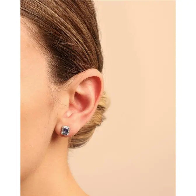 4 MM RECTANGLE EARRING WITH ROUND SETTING IN RHODIUM/TANZANITE/WHITE ZIRCONIA