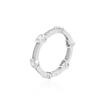 Anello Cravejado con Sei Cuori 3 mm in Rodio - Cristallo e Zirconia Bianca