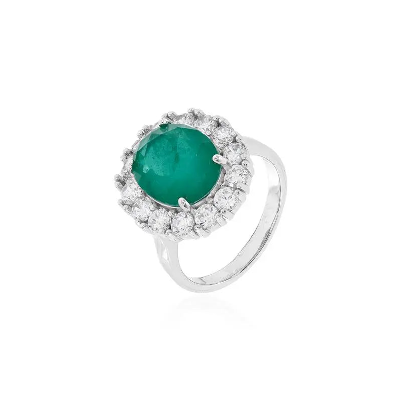 10 MM OVAL RING WITH ROUND SETTING, POINTS OF LIGHT, FOUR CLAWS, RHODIUM/EMERALD FUSION/WHITE ZIRCONIA
