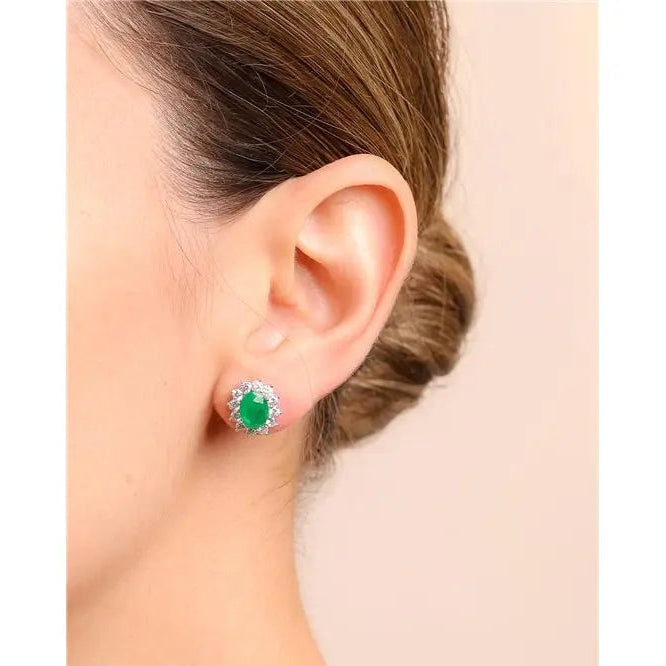 6MM OVAL STONE EARRING SIX CLAWS PRINCESS SETTING AROUND 2.5 MM RHODIUM/FUSION EMERALD/WHITE ZIRCONIA