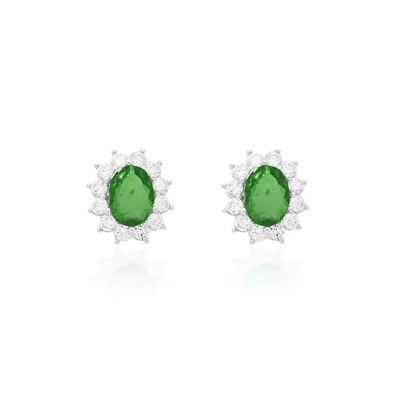 6MM OVAL STONE EARRING SIX CLAWS PRINCESS SETTING AROUND 2.5 MM RHODIUM/FUSION EMERALD/WHITE ZIRCONIA