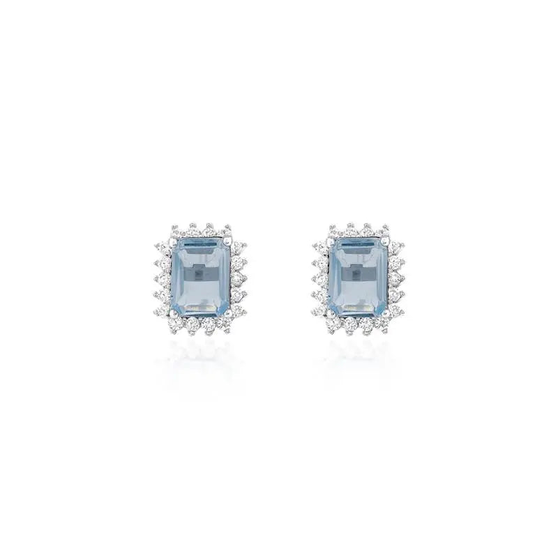 6 MM RECTANGULAR EARRING WITH PRINCESS SETTING AROUND RHODIUM/AQUAMARINE/WHITE ZIRCONIA