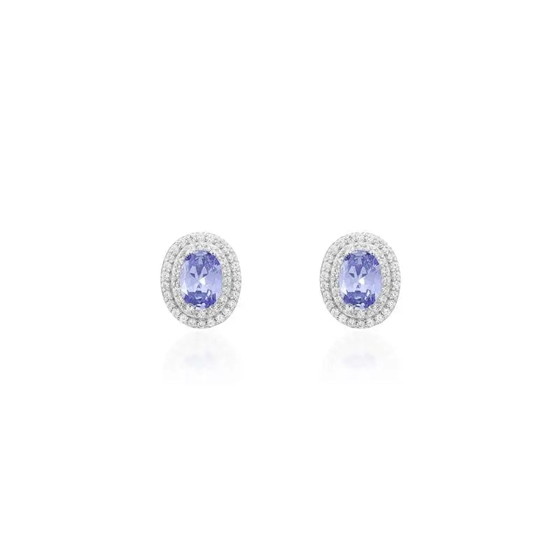 5 MM OVAL EARRING, TWO ROWS, STUDDED AROUND, RHODIUM/TANZANITE/WHITE ZIRCONIA