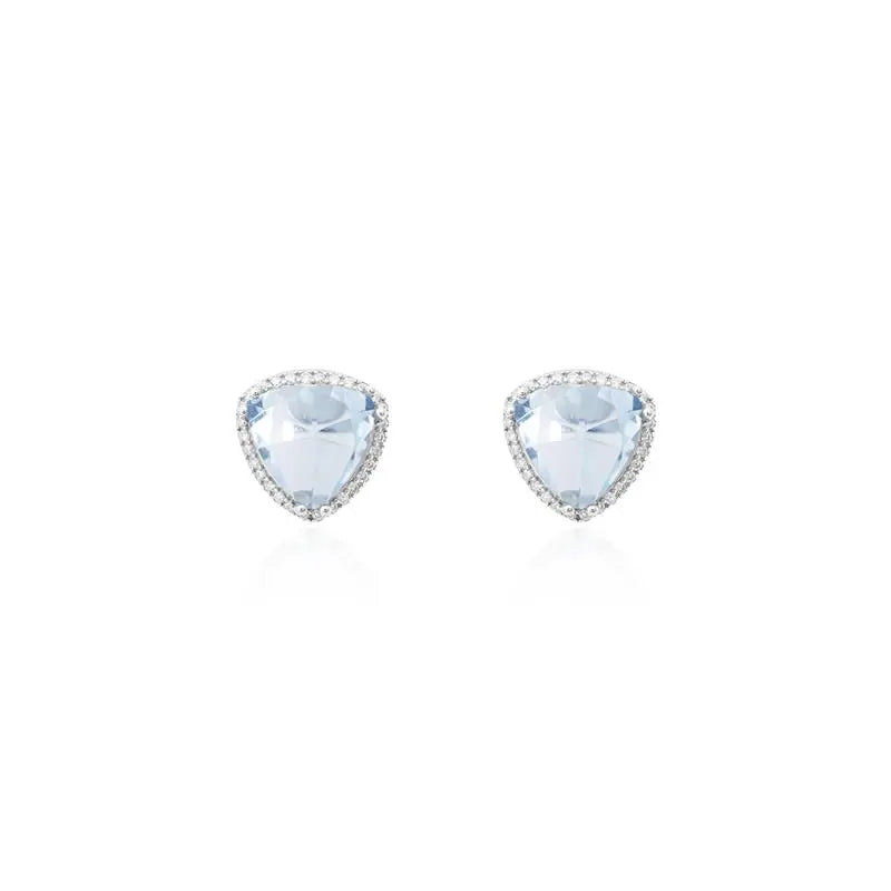 10 MM TRIANGLE EARRING WITH RHODIUM/AQUAMARINE/WHITE ZIRCONIA SETTING AROUND