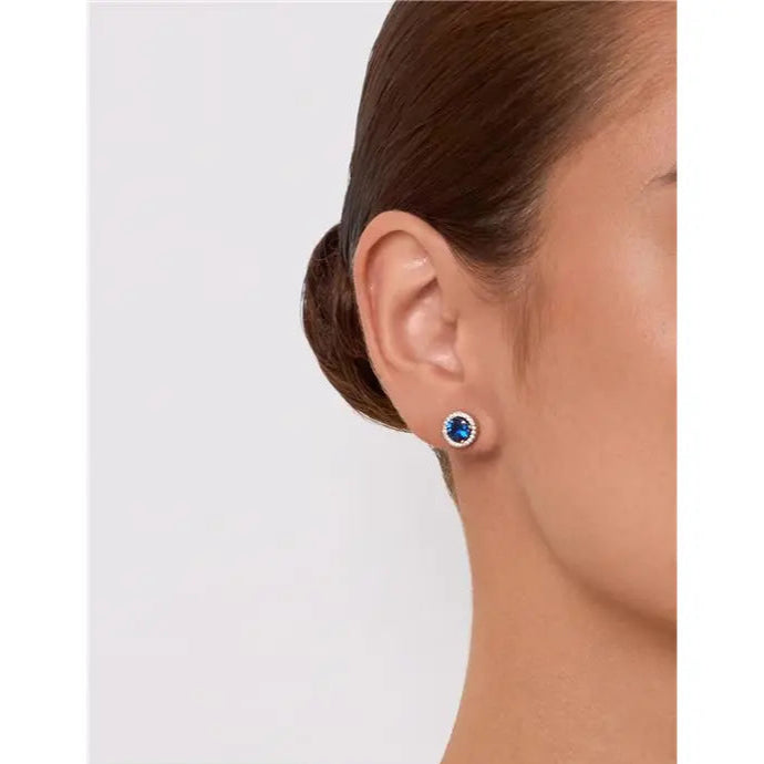 ROUND EARRING 6 MM, SPACED SETTING AROUND RHODIUM/SAPPHIRE/WHITE ZIRCONIA