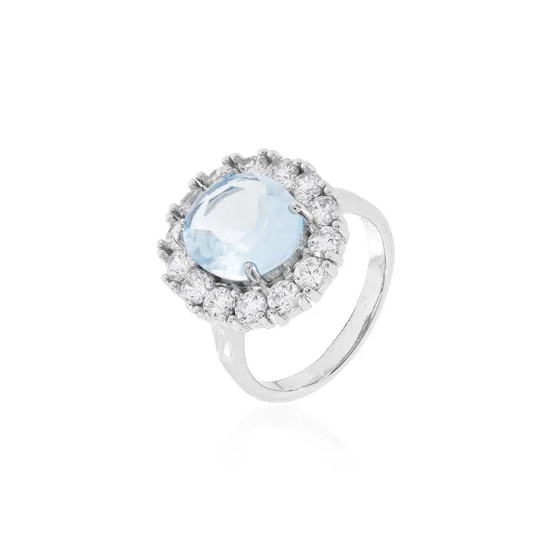 10 MM OVAL RING WITH ROUND SETTING, LIGHT POINTS, FOUR CLAWS, RHODIUM/AQUAMARINE/WHITE ZIRCONIA