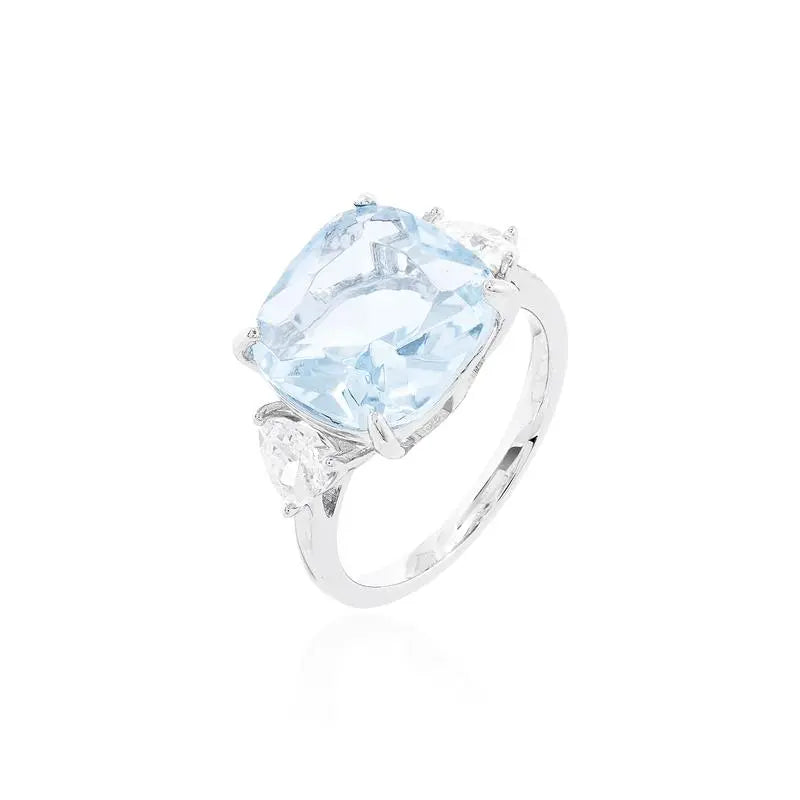 RING WITH SQUARE STONE WITH ROUNDED CORNERS AND TRIANGLES ON THE SIDE RHODIUM/AQUAMARINE+CRYSTAL/SMOOTH