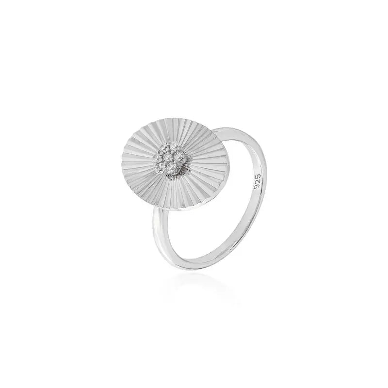 OVAL FLOWER RING WITH SIX PETALS, STRIPED AROUND, RHODIUM/WITHOUT STONE/WHITE ZIRCONIA