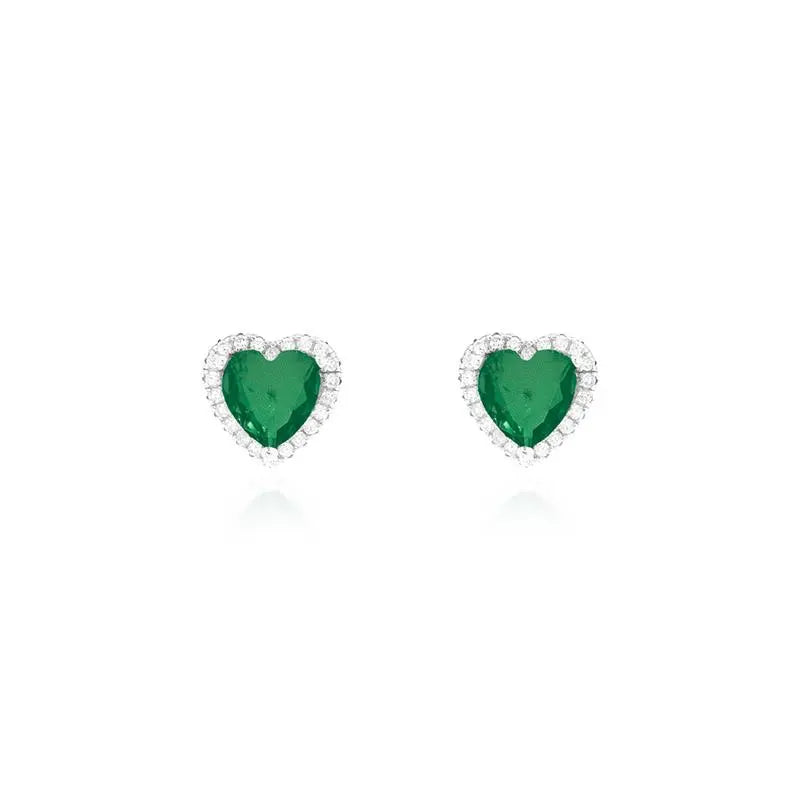 HEART EARRING 07 MM, ROUND SETTING, RHODIUM/EMERALD FUSION/WHITE ZIRCONIA
