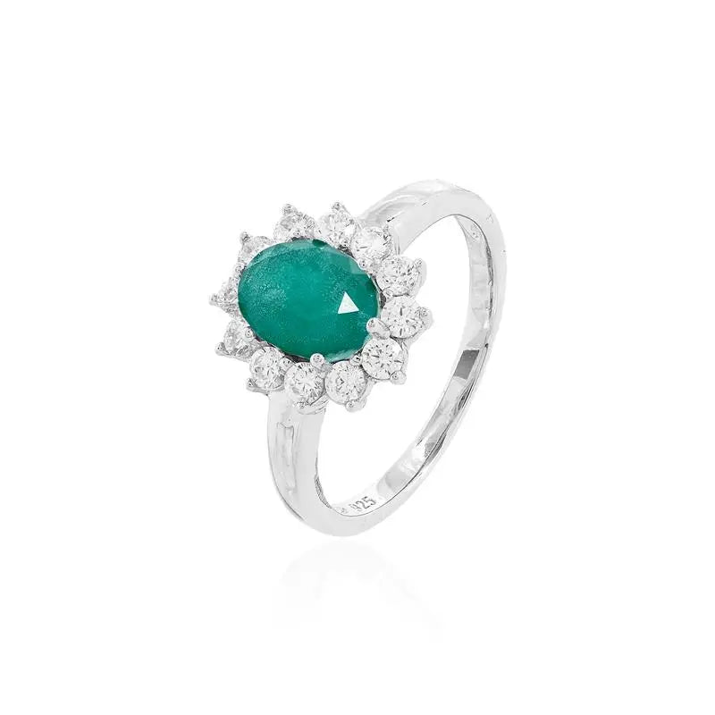 RING OVAL STONE 8X6 PRINCESS SETTING AROUND RHODIUM/EMERALD FUSION/WHITE ZIRCONIA