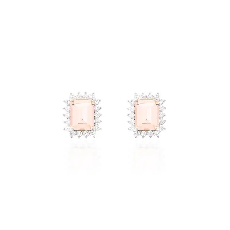 6 MM RECTANGULAR EARRING WITH PRINCESS SETTING AROUND RHODIUM/MORGANITE/WHITE ZIRCONIA