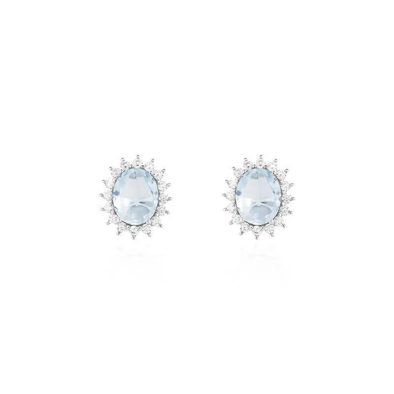 08 MM OVAL EARRING WITH PRINCESS SETTING AROUND RHODIUM/AQUAMARINE/WHITE ZIRCONIA