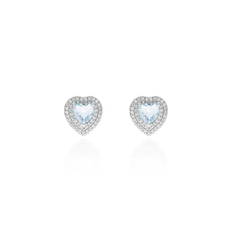 HEART EARRING 6 MM TWO ROWS STUDDED AROUND RHODIUM/AQUAMARINE/WHITE ZIRCONIA