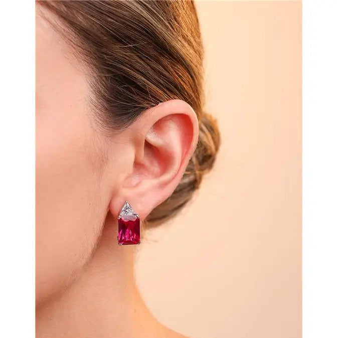 EARRING BASE TRIANGLE 8 MM WITH RECTANGLE 8 MM BELOW RHODIUM/CRYSTAL+PINK/SMOOTH
