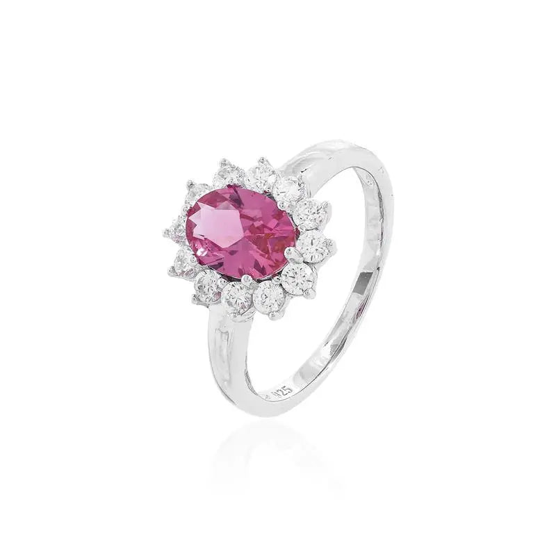 RING OVAL STONE 8X6 PRINCESS SETTING AROUND RHODIUM/PINK SAPPHIRE/WHITE ZIRCONIA