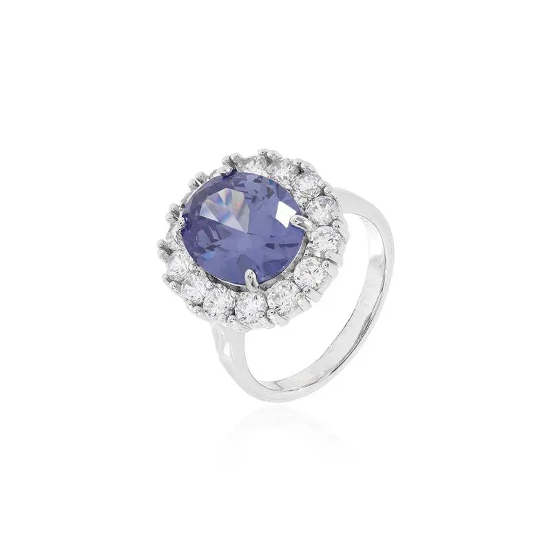 10 MM OVAL RING WITH ROUND SETTING, LIGHT POINTS, FOUR CLAWS, RHODIUM/TANZANITE/WHITE ZIRCONIA