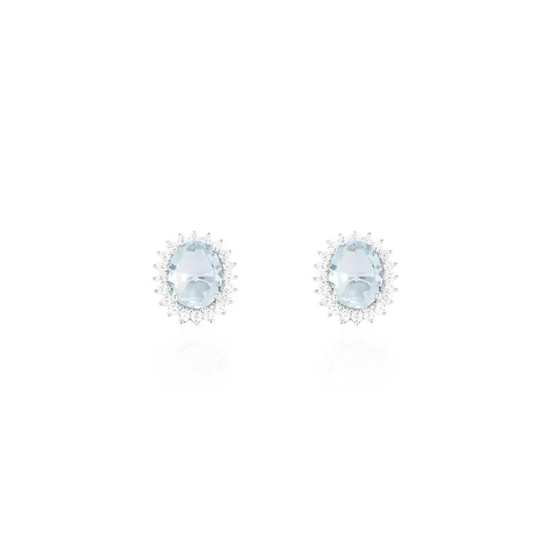 7 MM OVAL EARRING WITH PRINCESS SETTING IN RHODIUM/AQUAMARINE/WHITE ZIRCONIA