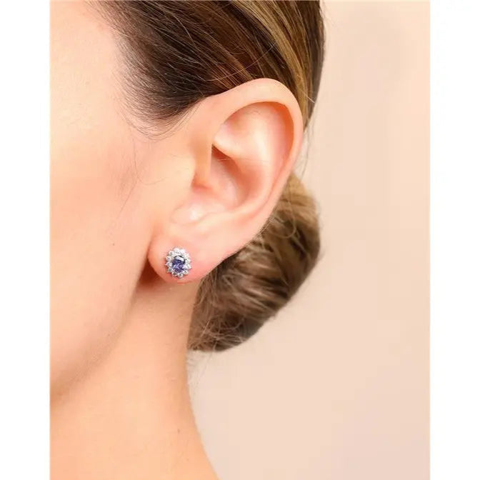 04 MM OVAL EARRING WITH PRINCESS SETTING AROUND RHODIUM/TANZANITE/WHITE ZIRCONIA