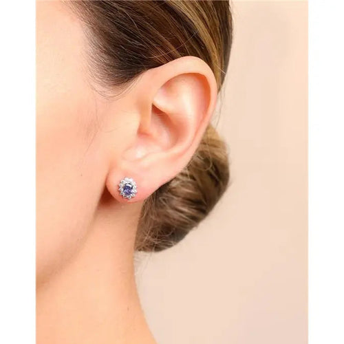 04 MM OVAL EARRING WITH PRINCESS SETTING AROUND RHODIUM/TANZANITE/WHITE ZIRCONIA