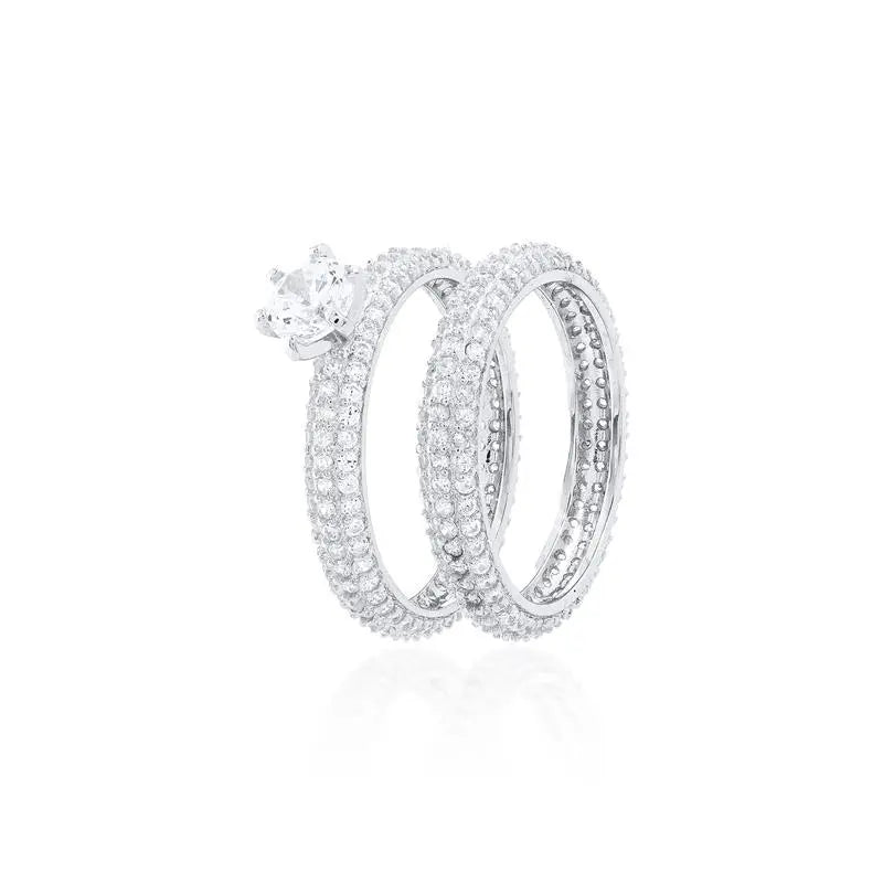 RING SET WITH FULL STUDDED WEDDING RING AND A RHODIUM/CRYSTAL/WHITE ZIRCONIA SOLITAIRE