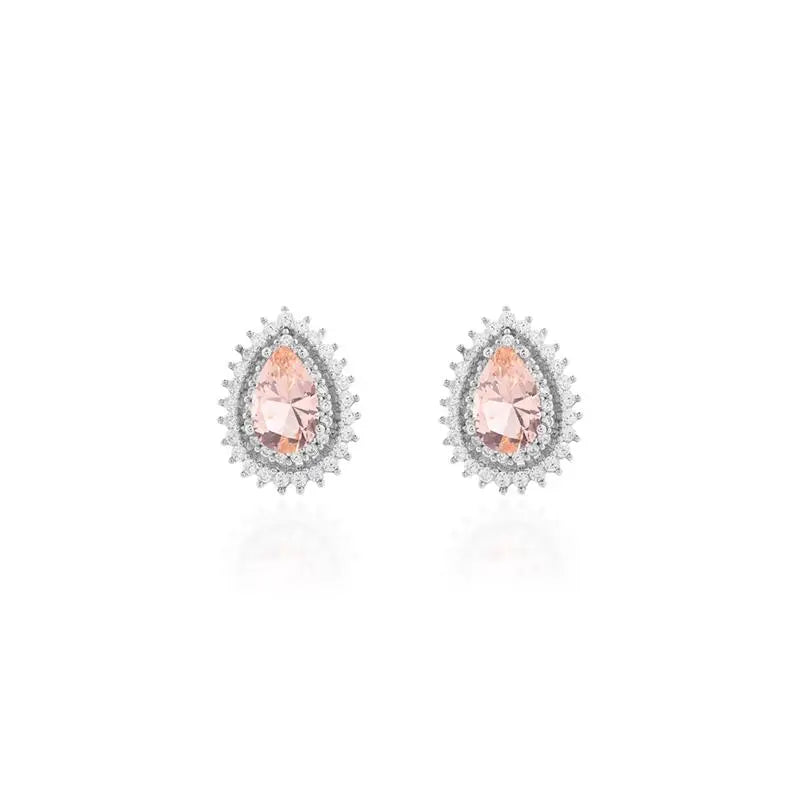 5 MM DROP EARRING, HOLLOW, TWO ROWS, PRINCESS SETTING AROUND, RHODIUM/MORGANITE/WHITE ZIRCONIA