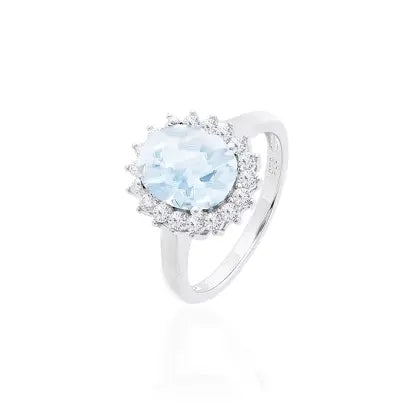 Anello Liscio Ovale 8 mm con Cravação Principessa in Rodio - Acquamarina e Zirconia Bianca