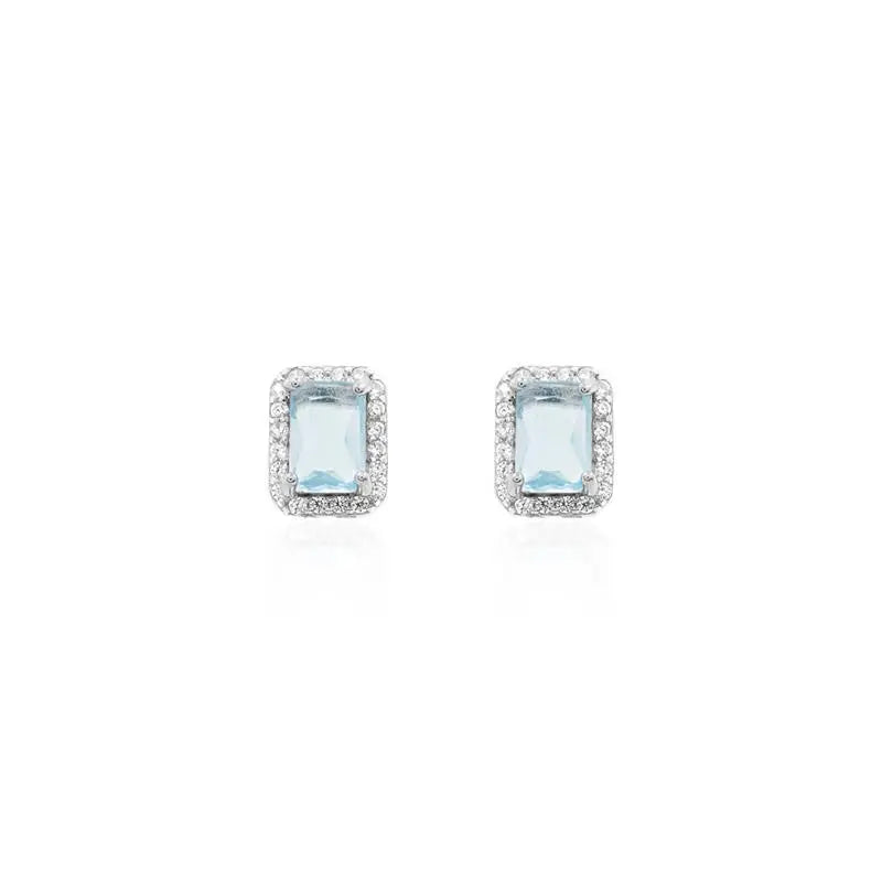 4 MM RECTANGLE EARRING WITH ROUND SETTING IN RHODIUM/AQUAMARINE/WHITE ZIRCONIA