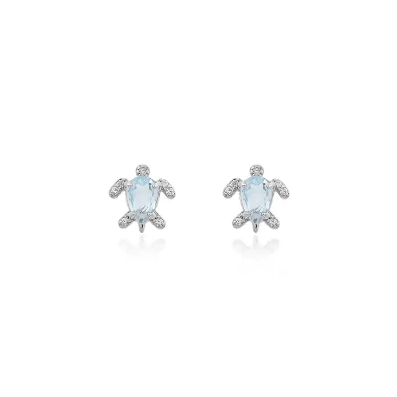 4 MM DROP EARRING WITH TURTLE SHAPE SETTINGS IN RHODIUM/AQUAMARINE/WHITE ZIRCONIA