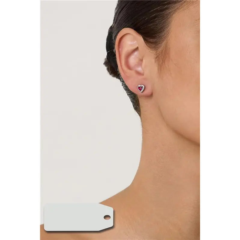 4 MM HEART EARRING WITH RHODIUM/RUBY/WHITE ZIRCONIA SETTING AROUND