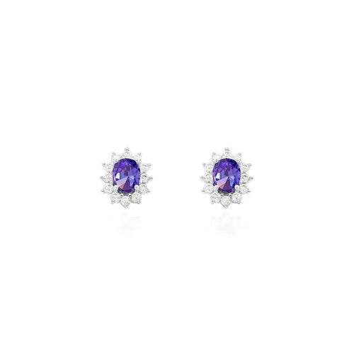 04 MM OVAL EARRING WITH PRINCESS SETTING AROUND RHODIUM/TANZANITE/WHITE ZIRCONIA