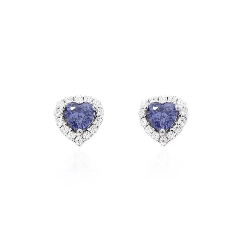 HEART EARRING WITH ONE ROW STUDDED AROUND RHODIUM/TANZANITE/WHITE ZIRCONIA