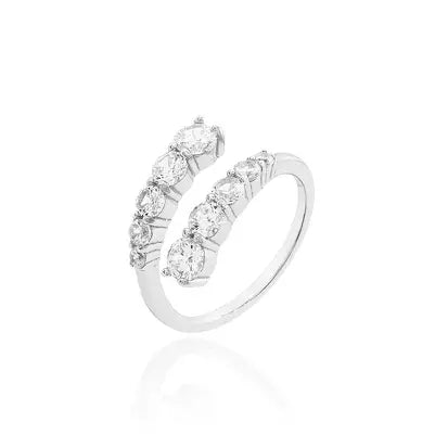 Anello Aperto con Cinque Punti di Luce Decrescenti in Rodio - Zirconia Bianca