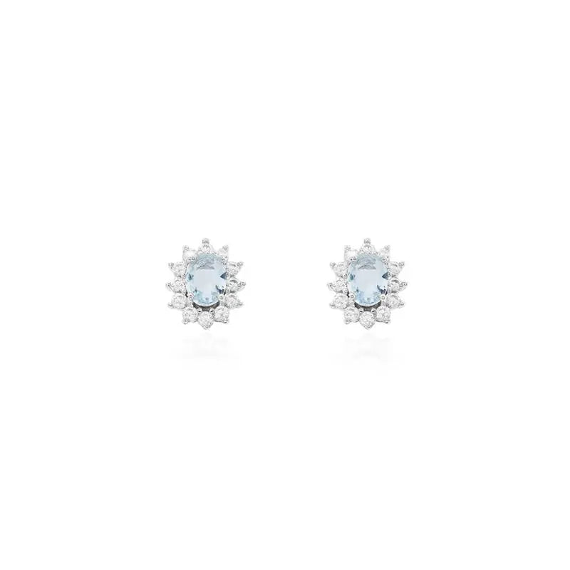 04 MM OVAL EARRING WITH PRINCESS SETTING AROUND RHODIUM/AQUAMARINE/WHITE ZIRCONIA