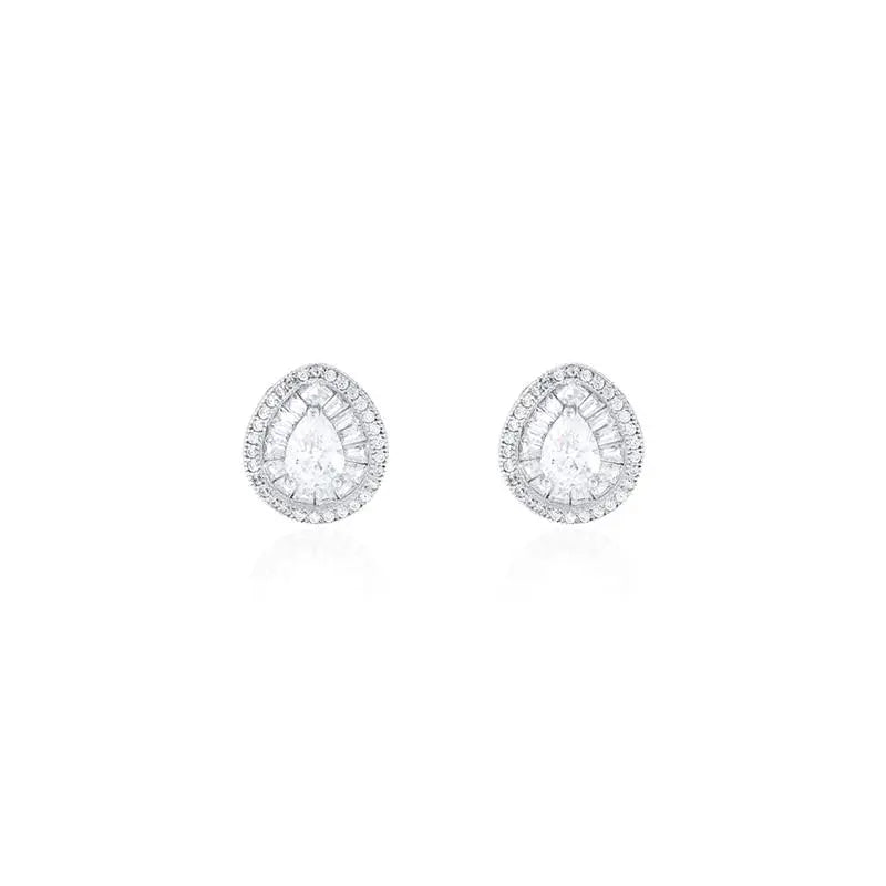 4MM BAGUETTE DROP EARRING WITH ROUND SETTING, RHODIUM/CRYSTAL/WHITE ZIRCONIA