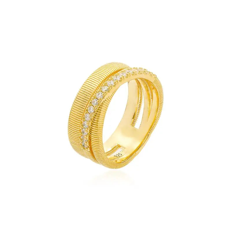 RING WITH THREE BEADED ROWS AND TWO CROSSED BEADED AND HALF SET 1 MM GOLD AND RHODIUM/WITHOUT STONE/WHITE ZIRCONIA
