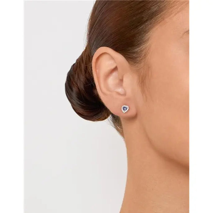 HEART EARRING WITH ONE ROW STUDDED AROUND RHODIUM/TANZANITE/WHITE ZIRCONIA