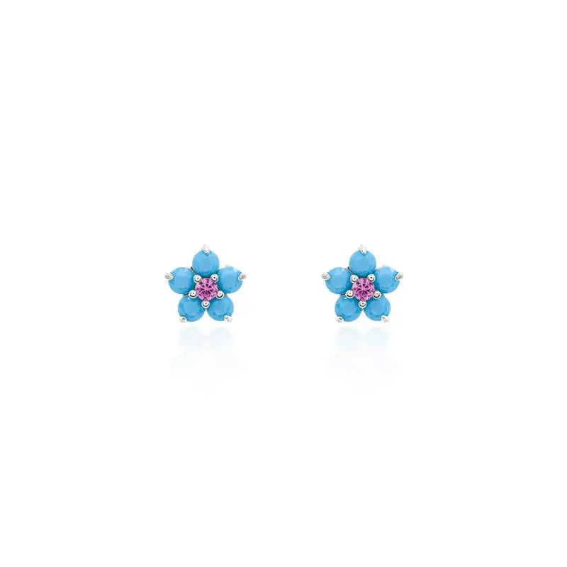 FIVE PETAL EARRINGS POINT OF LIGHT IN THE MIDDLE RHODIUM/TURQUOISE/PINK