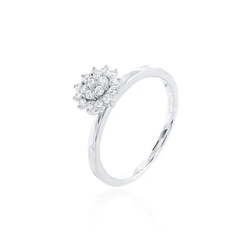 FLOWER RING WITH SIX PETALS, CENTRAL PRINCESS SETTING AROUND, RHODIUM/WITHOUT STONE/WHITE ZIRCONIA