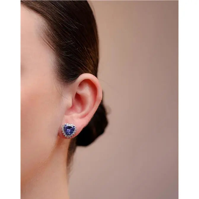 HEART EARRING 10 MM PRINCESS SETTING AROUND RHODIUM/TANZANITE/WHITE ZIRCONIA