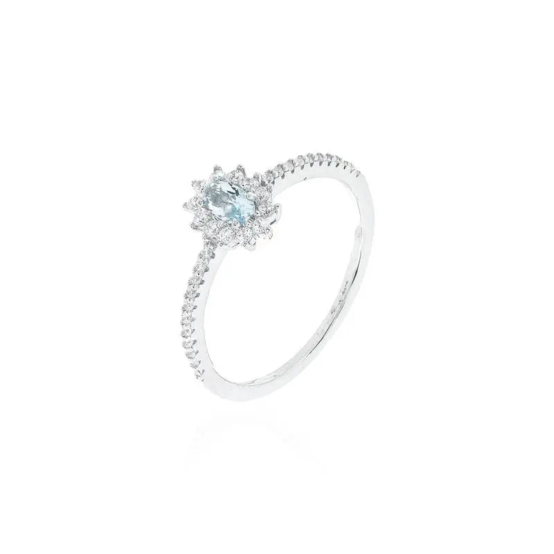 HALF OVAL SETTING WEDDING RING 4 MM PRINCESS SETTING AROUND RHODIUM/AQUAMARINE/WHITE ZIRCONIA