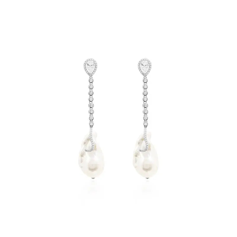 4MM DROP BASE EARRING INVERTED SETTING AROUND WITH DANGLING RIVIERA AND BAROQUE PEARL AT THE TIP RHODIUM/WHITE PEARL/WHITE ZIRCONIA