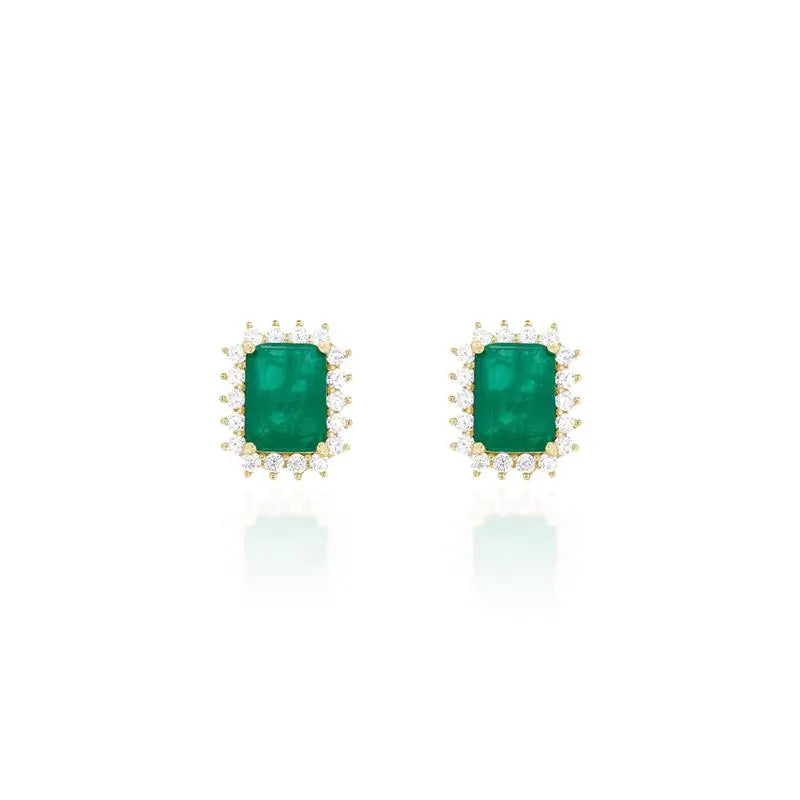 6 MM RECTANGULAR EARRING WITH PRINCESS SETTING AROUND GOLD/FUSION EMERALD/WHITE ZIRCONIA