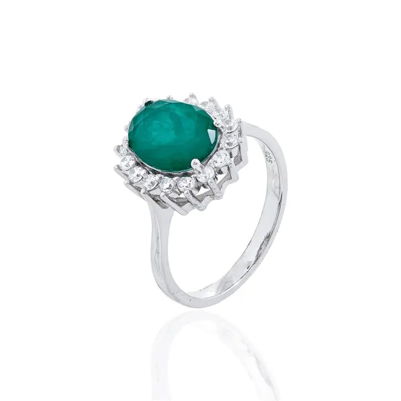 8 MM OVAL RING WITH PRINCESS SETTING AROUND RHODIUM/EMERALD FUSION/WHITE ZIRCONIA