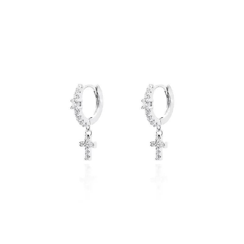 HALF RING SETTING LARGER LIGHT POINT ON THE RING CROSS STUDDED HANGING RHODIUM/WITHOUT STONE/WHITE ZIRCONIA