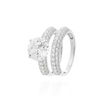 Set Anello Solitario 10 mm e Aparador Mezza Cravação in Rodio - Cristallo e Zirconia Bianca