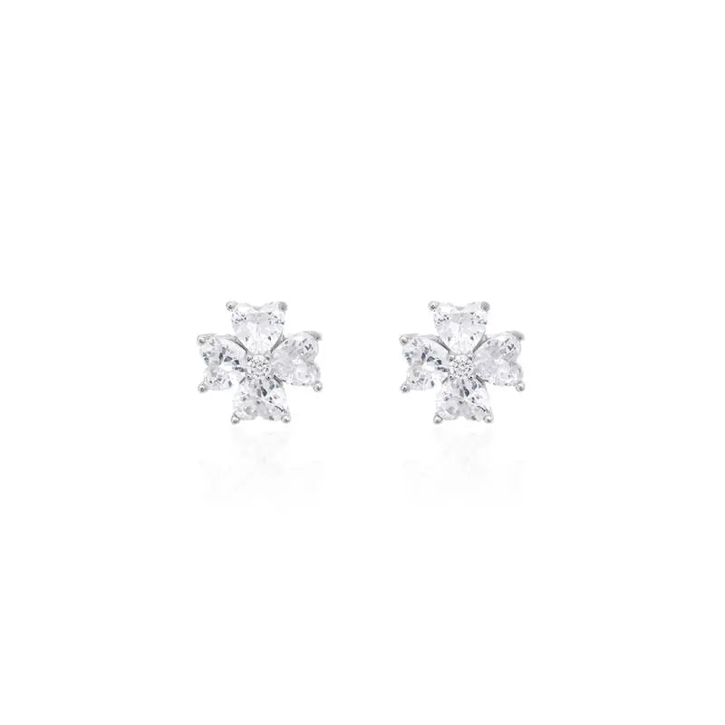 FLOWER EARRING FOUR PETALS HEART SHAPED 5 MM CORE POINT OF LIGHT RHODIUM/CRYSTAL/WHITE ZIRCONIA