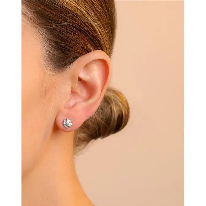 FLOWER EARRING FOUR PETALS HEART SHAPED 3 MM CORE POINTS OF LIGHT RHODIUM/CRYSTAL/WHITE ZIRCONIA