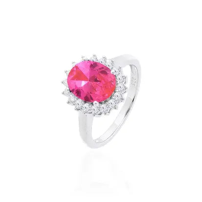 Anello Liscio Ovale 8 mm con Cravação Principessa in Rodio - Zaffiro Rosa e Zirconia Bianca