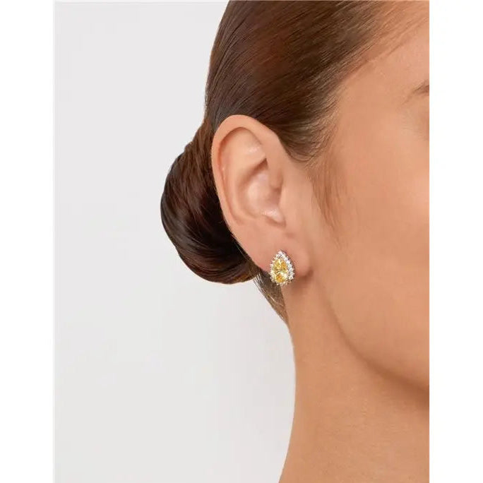 8 MM DROP EARRING WITH PRINCESS SETTING AROUND RHODIUM/YELLOW FANCY/WHITE ZIRCONIA